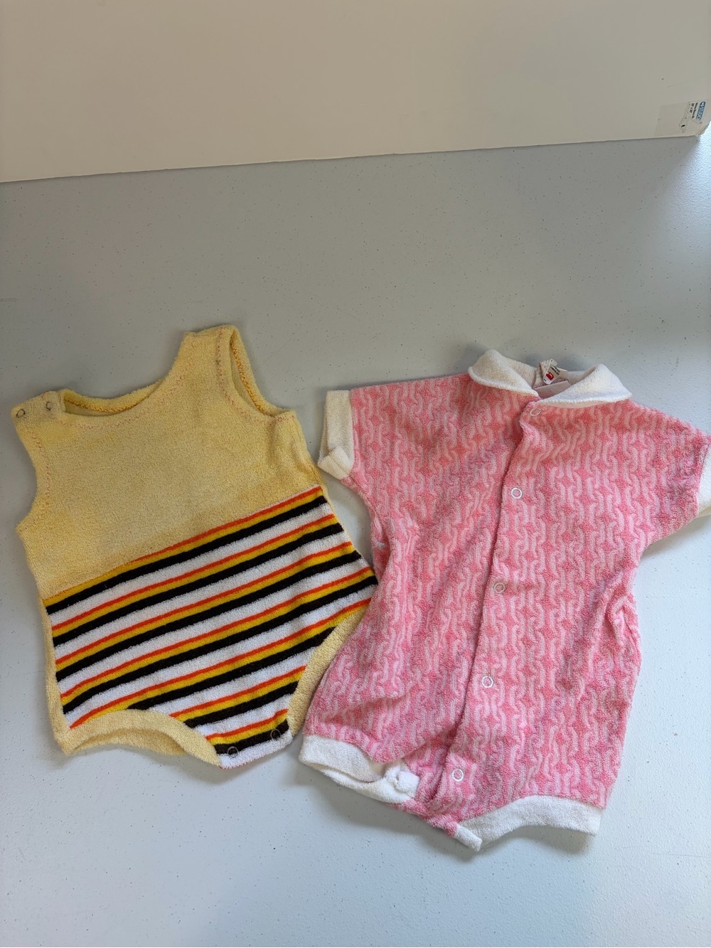 Vintage Baby Terry Cloth Romper Lot Pink Yellow Retro Bodysuit 3-6 month 1970s